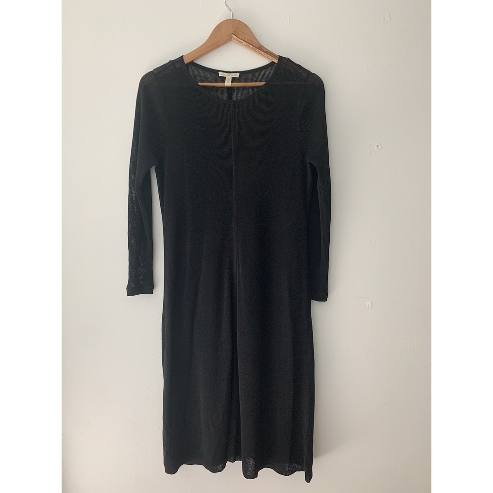 Eileen Fisher Linen Blend Black Semi SheerLong Sleeve Knit Dress 100% Silk Slip